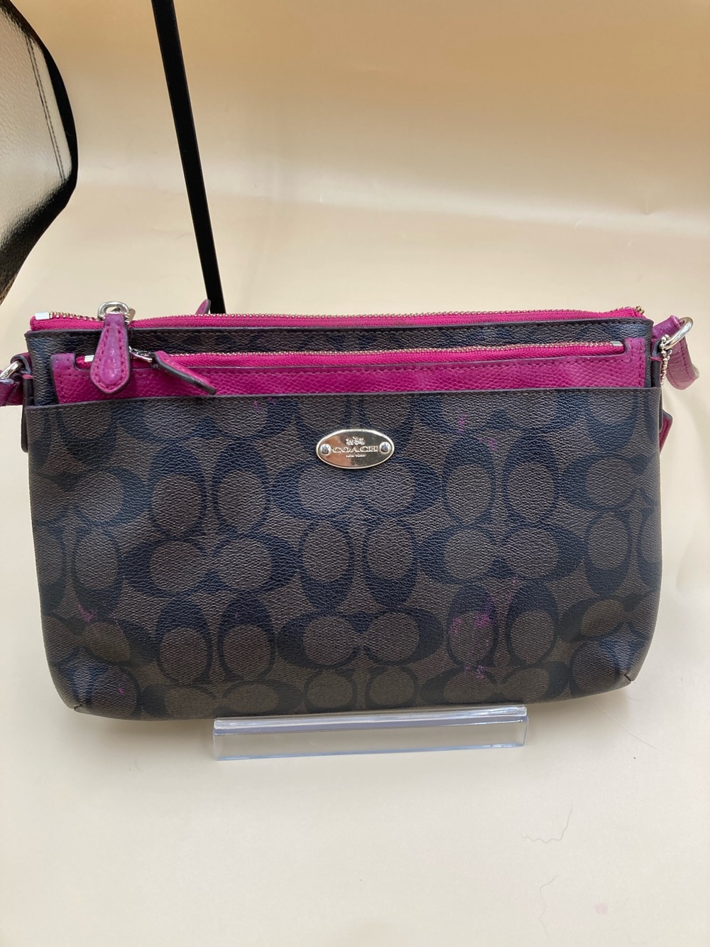 Coach Brown Signature Crossbody with Magenta Trim